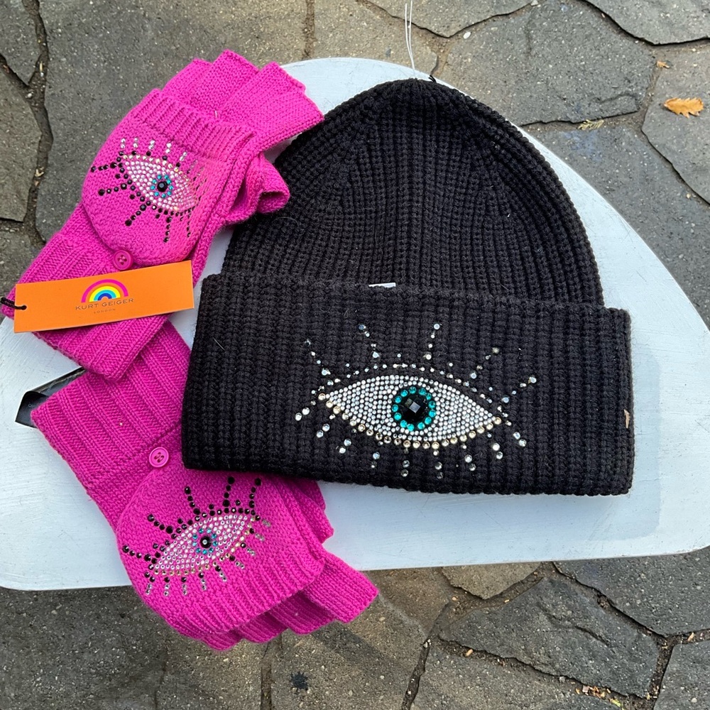 Kurt Geiger Black Beanie with Pink Eye-Embellished Gloves